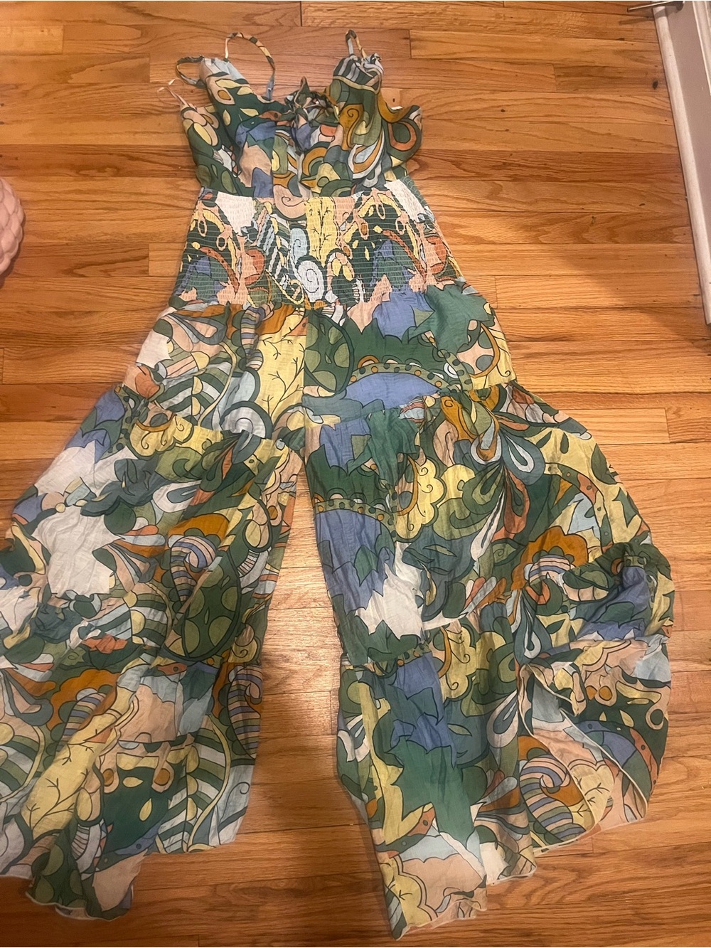 Fashion Nova Green Multi-Color Printed Wide-Leg Jumpsuit
